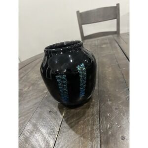 Vtg Handblown Black Dicro Striped Art Glass Vase Unmarked‎ 6"